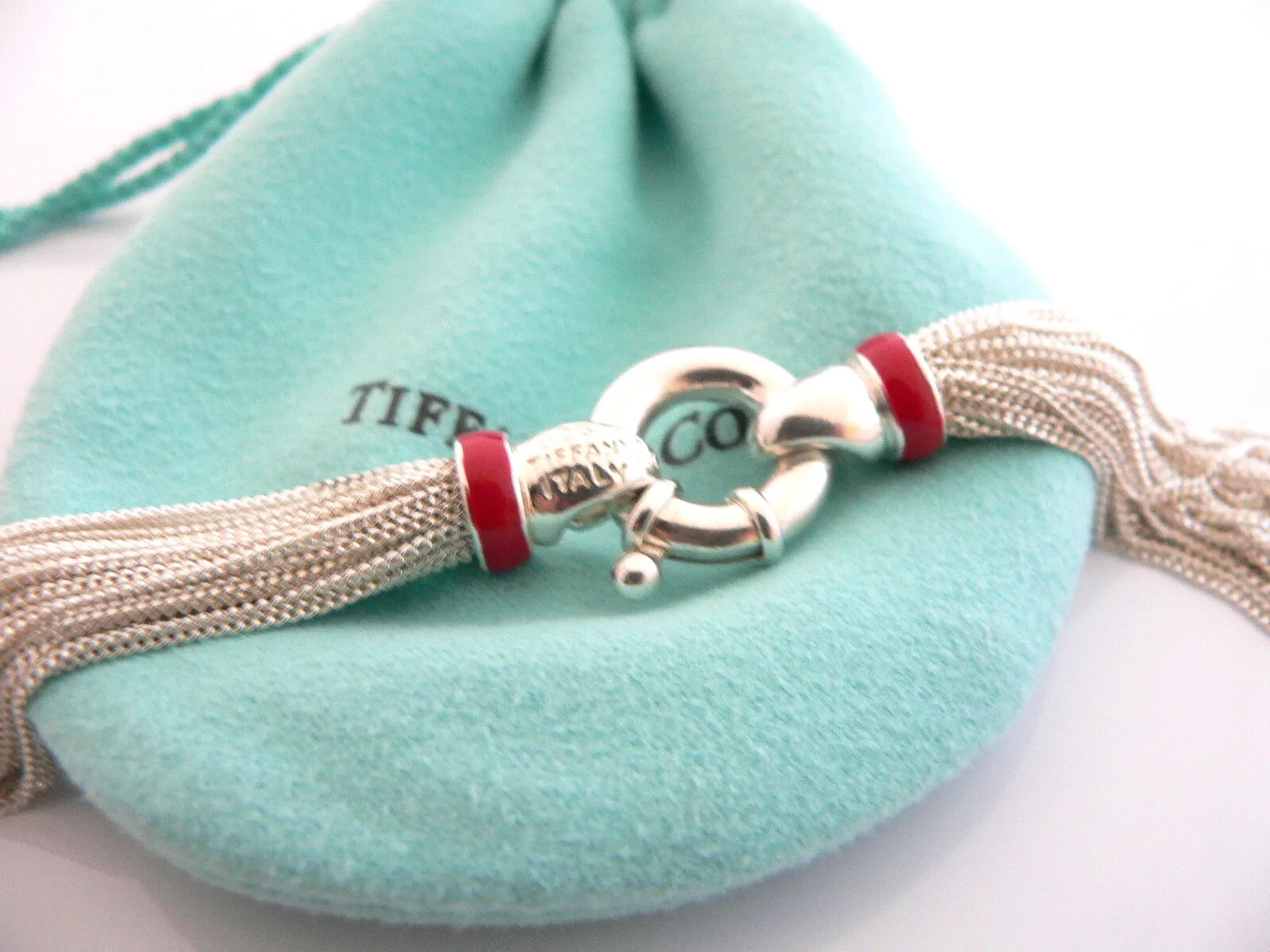 Tiffany & Co Silver Red Enamel Multi Strand Necklace Pendant Gift Love Pouch Box