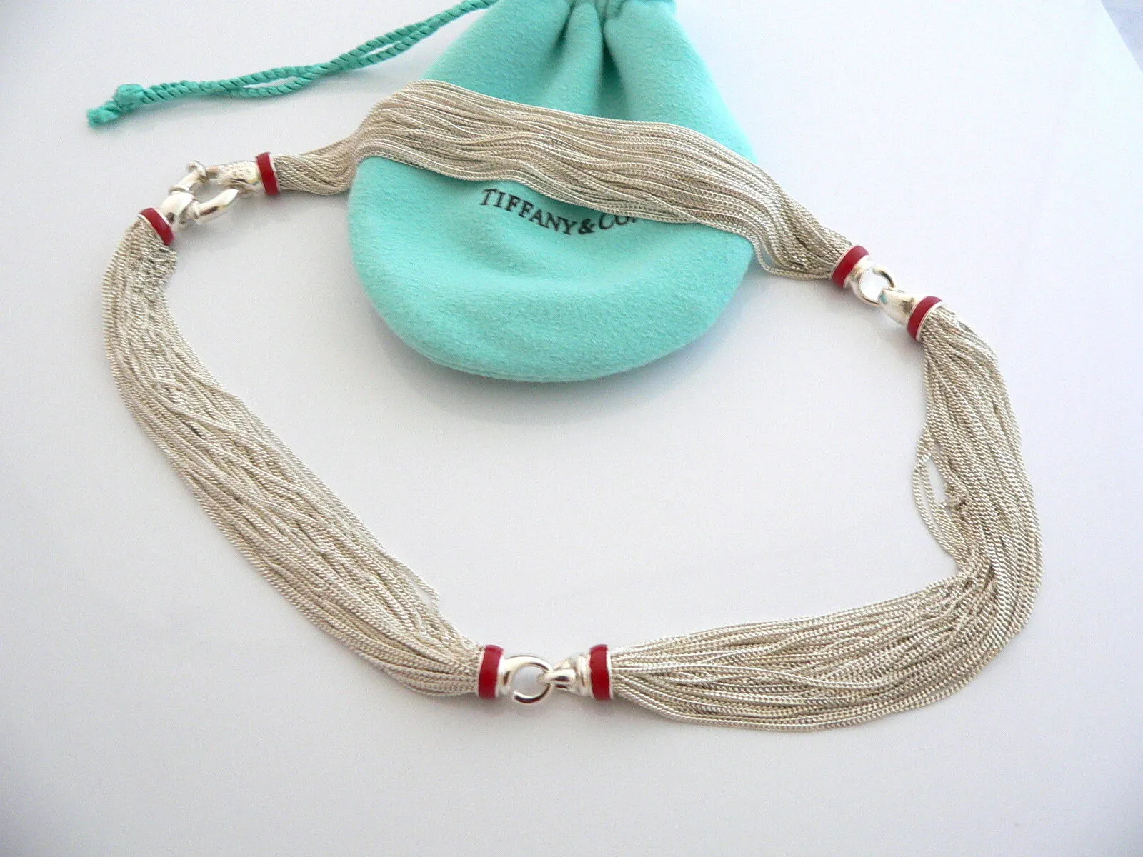 Tiffany & Co Silver Red Enamel Multi Strand Necklace Pendant Gift Love Pouch Box