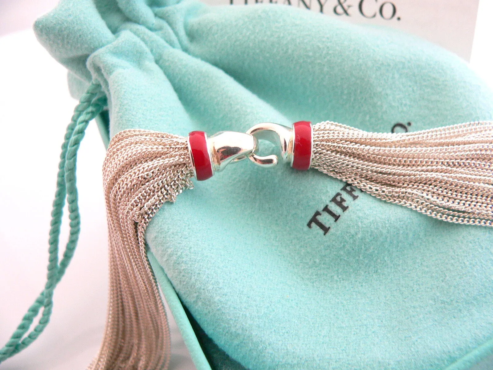 Tiffany & Co Silver Red Enamel Multi Strand Necklace Pendant Gift Love Pouch Box