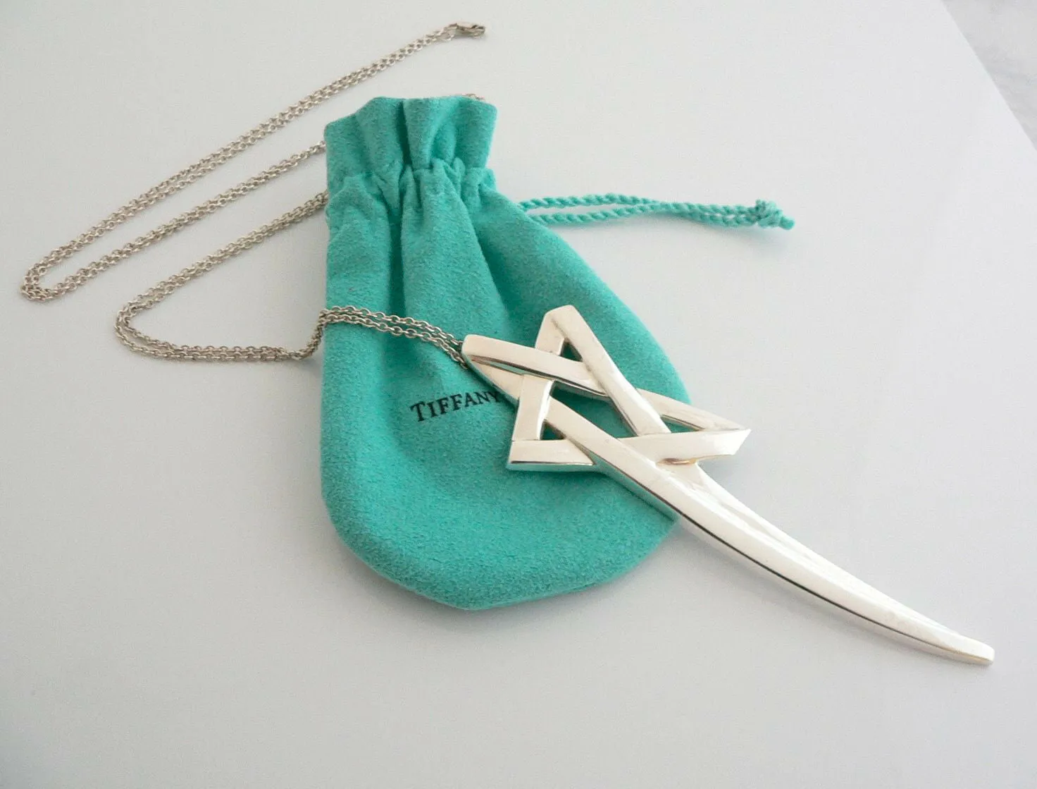 Tiffany & Co Silver XL Large Shooting Star Necklace Pendant 35 Inch Gift Pouch