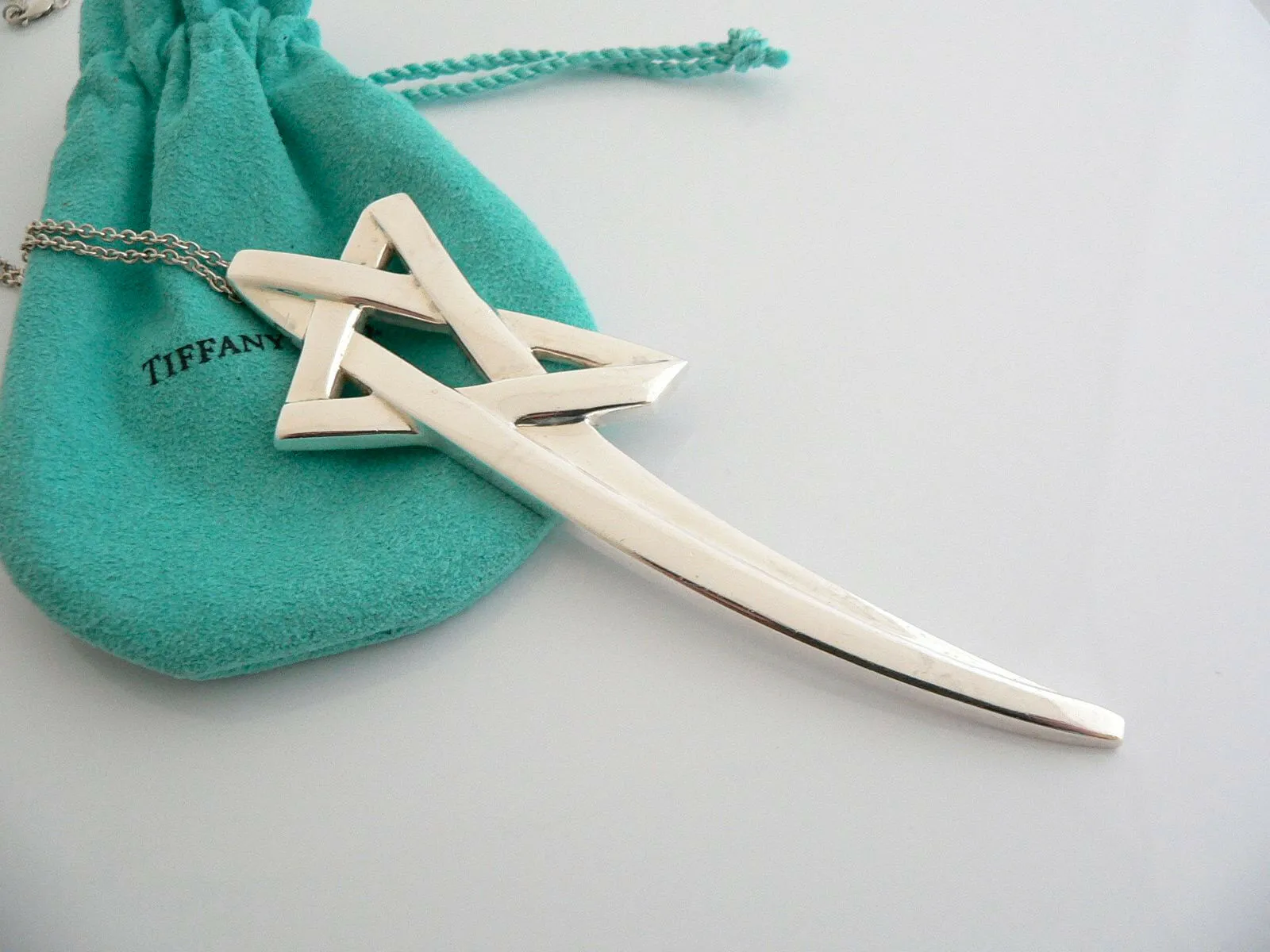 Tiffany & Co Silver XL Large Shooting Star Necklace Pendant 35 Inch Gift Pouch