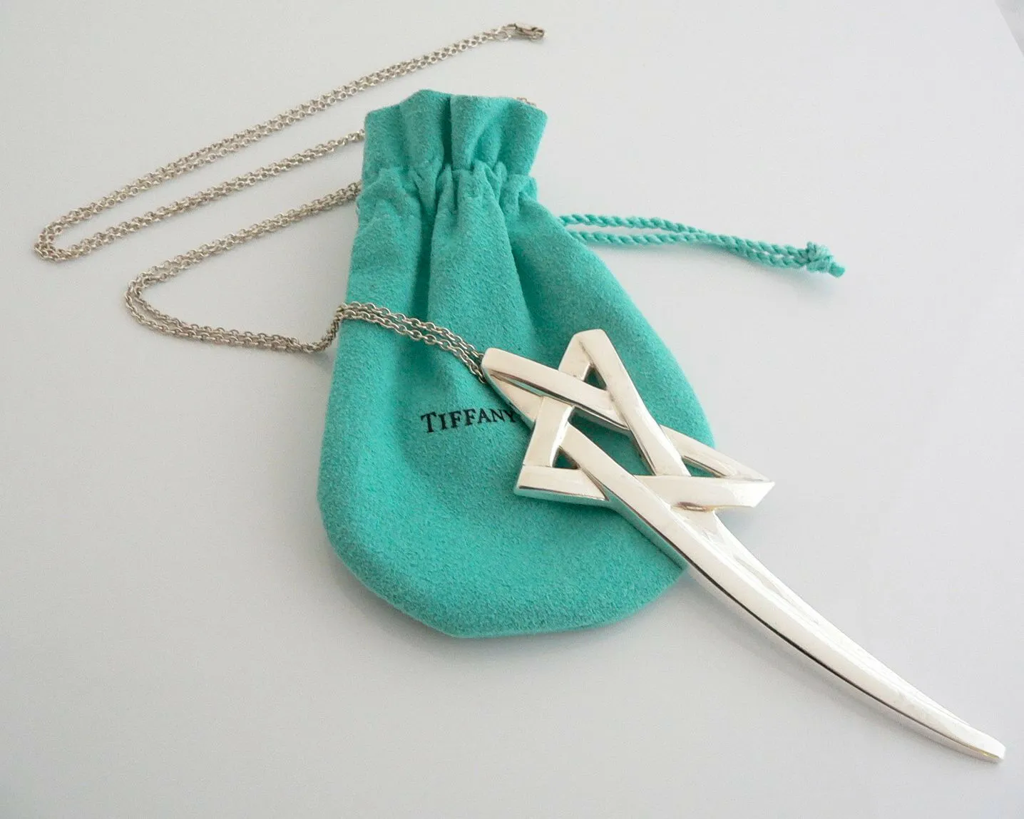 Tiffany & Co Silver XL Large Shooting Star Necklace Pendant 35 Inch Gift Pouch