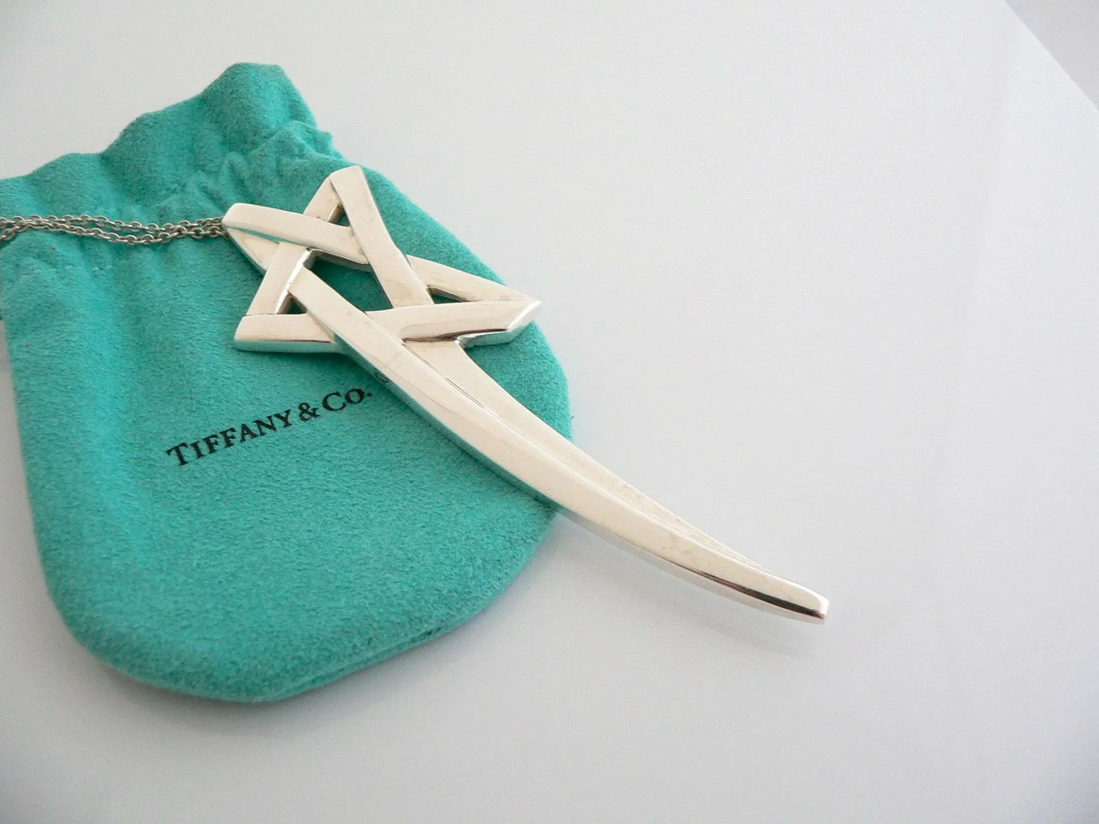 Tiffany & Co Silver XL Large Shooting Star Necklace Pendant 35 Inch Gift Pouch