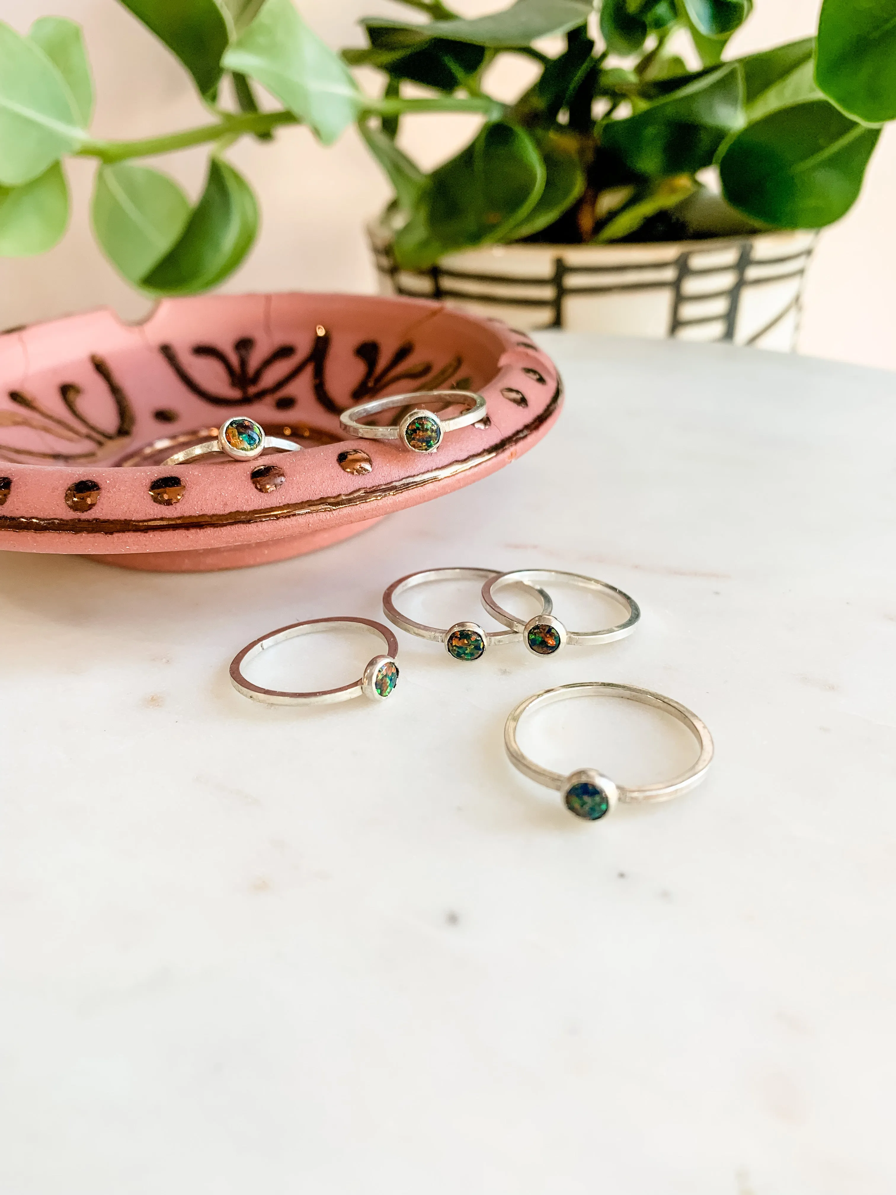 Tiny Black Opal Stacker Silver Ring