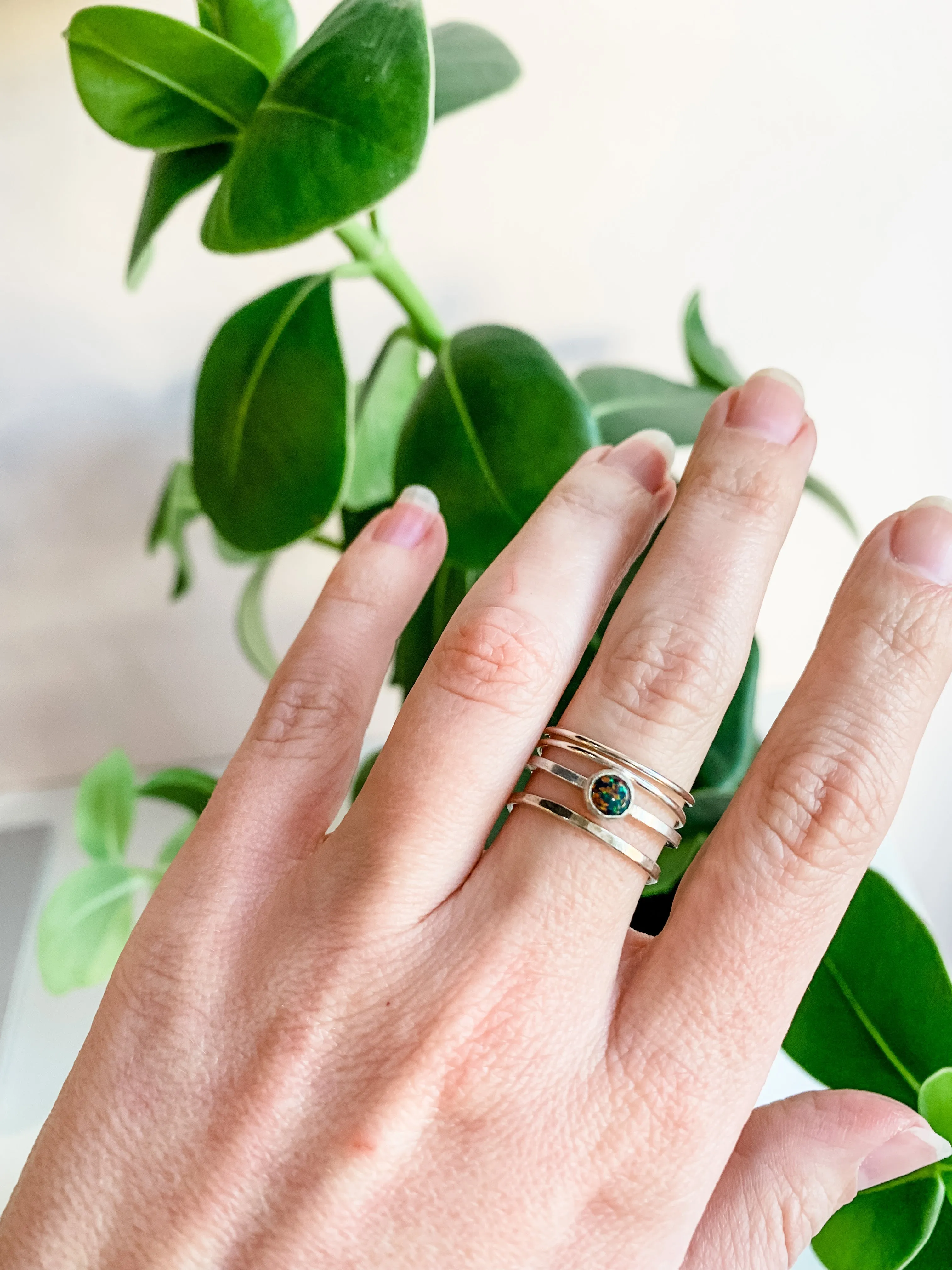 Tiny Black Opal Stacker Silver Ring