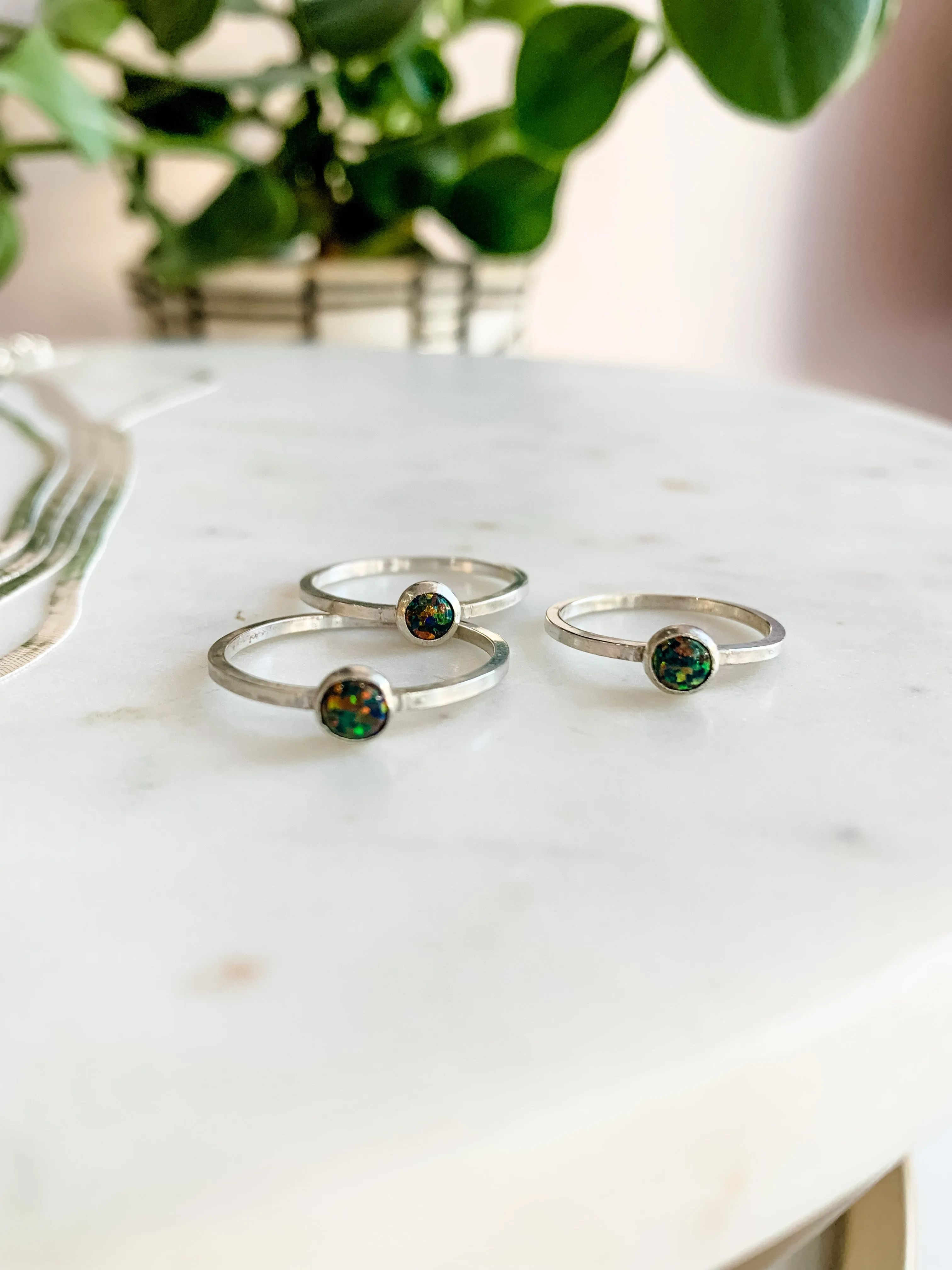 Tiny Black Opal Stacker Silver Ring