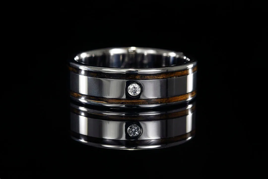 TITANIUM BEZEL SET DIAMOND WHISKEY BARREL WOOD RING