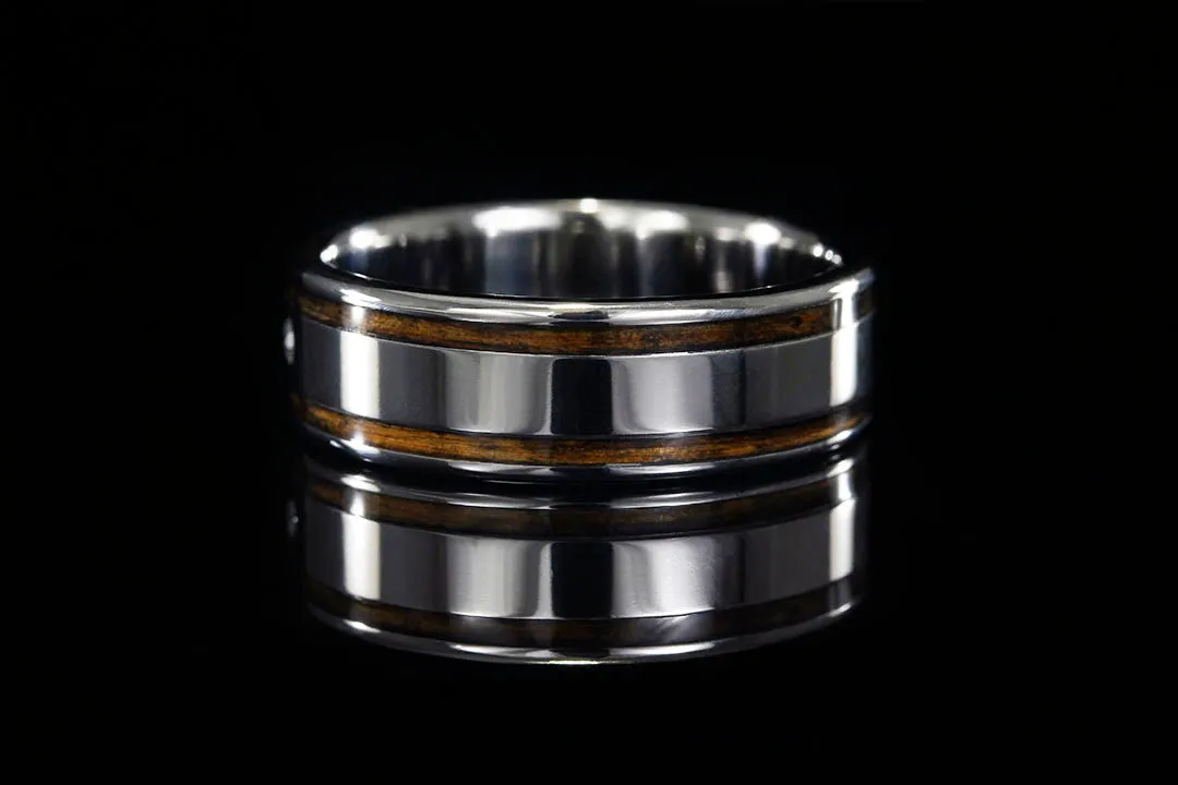 TITANIUM BEZEL SET DIAMOND WHISKEY BARREL WOOD RING