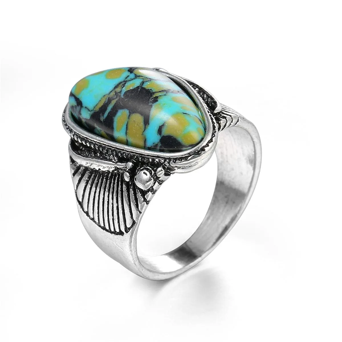 Turquoise & Silver-Plated Band Ring