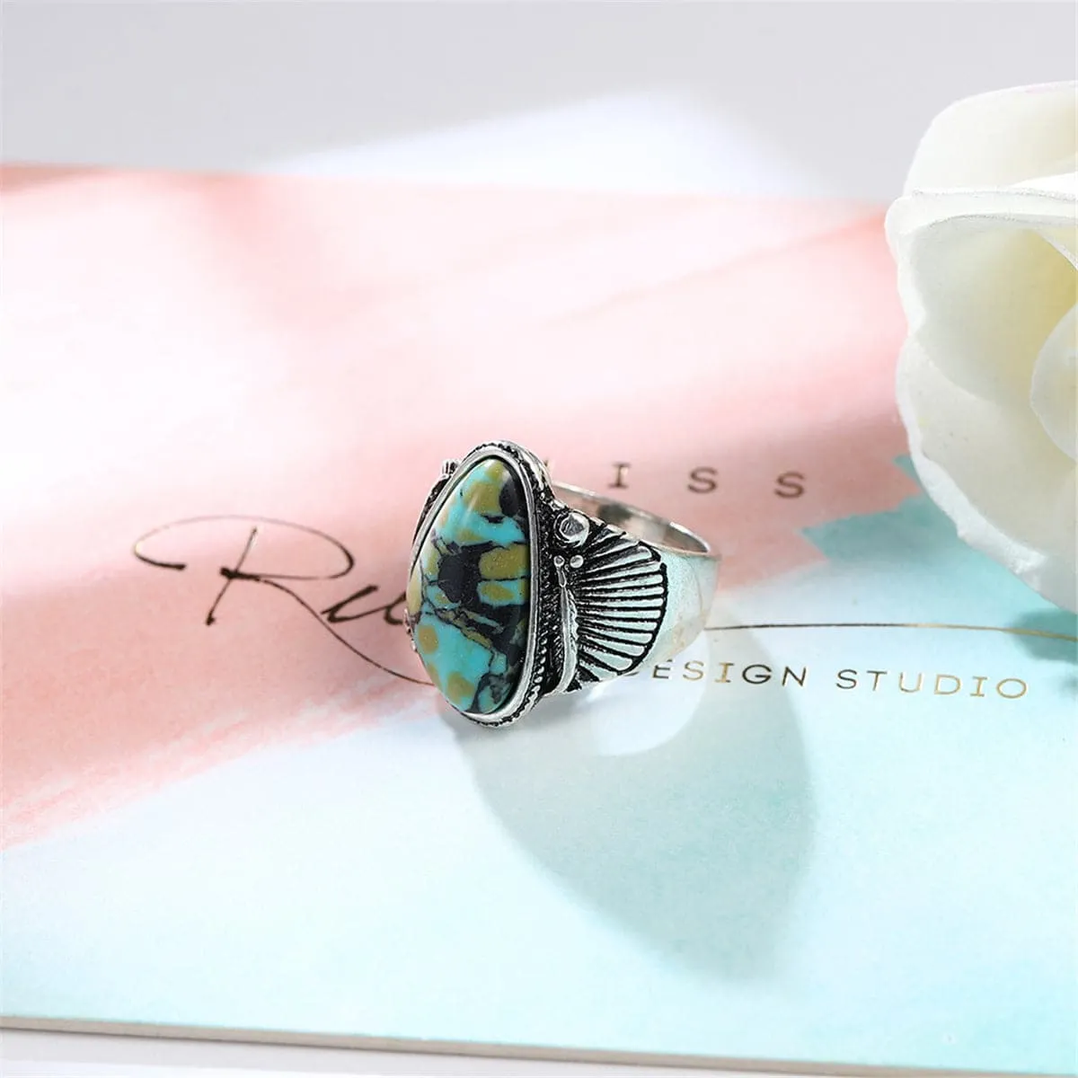Turquoise & Silver-Plated Band Ring