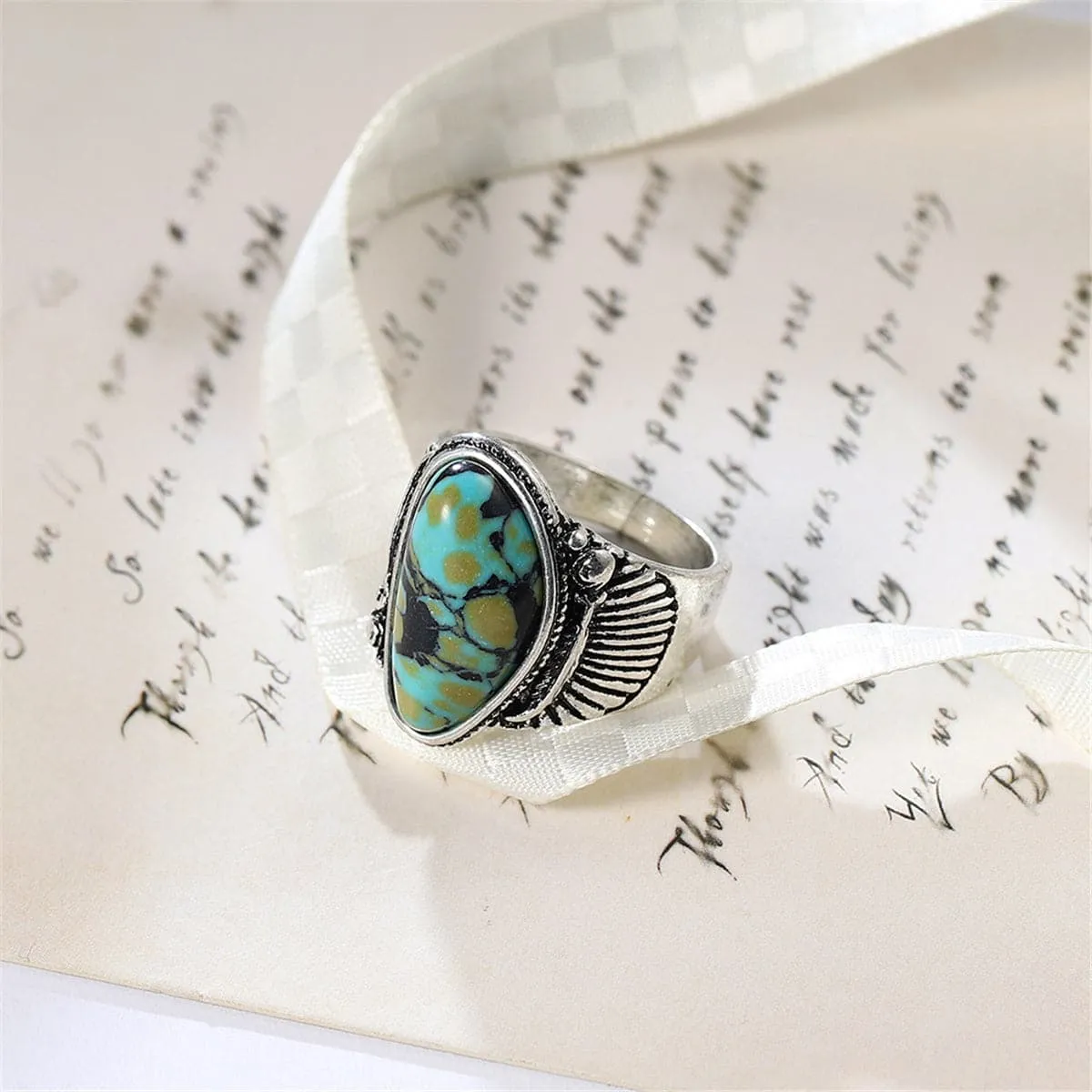 Turquoise & Silver-Plated Band Ring