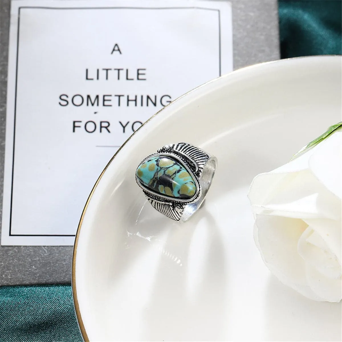 Turquoise & Silver-Plated Band Ring