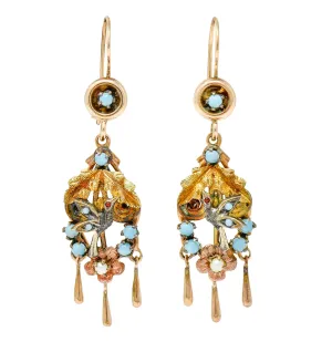 Victorian Pearl Glass Cabochon 14 Karat Tri-Colored Gold Bird & Foliate Drop Earrings