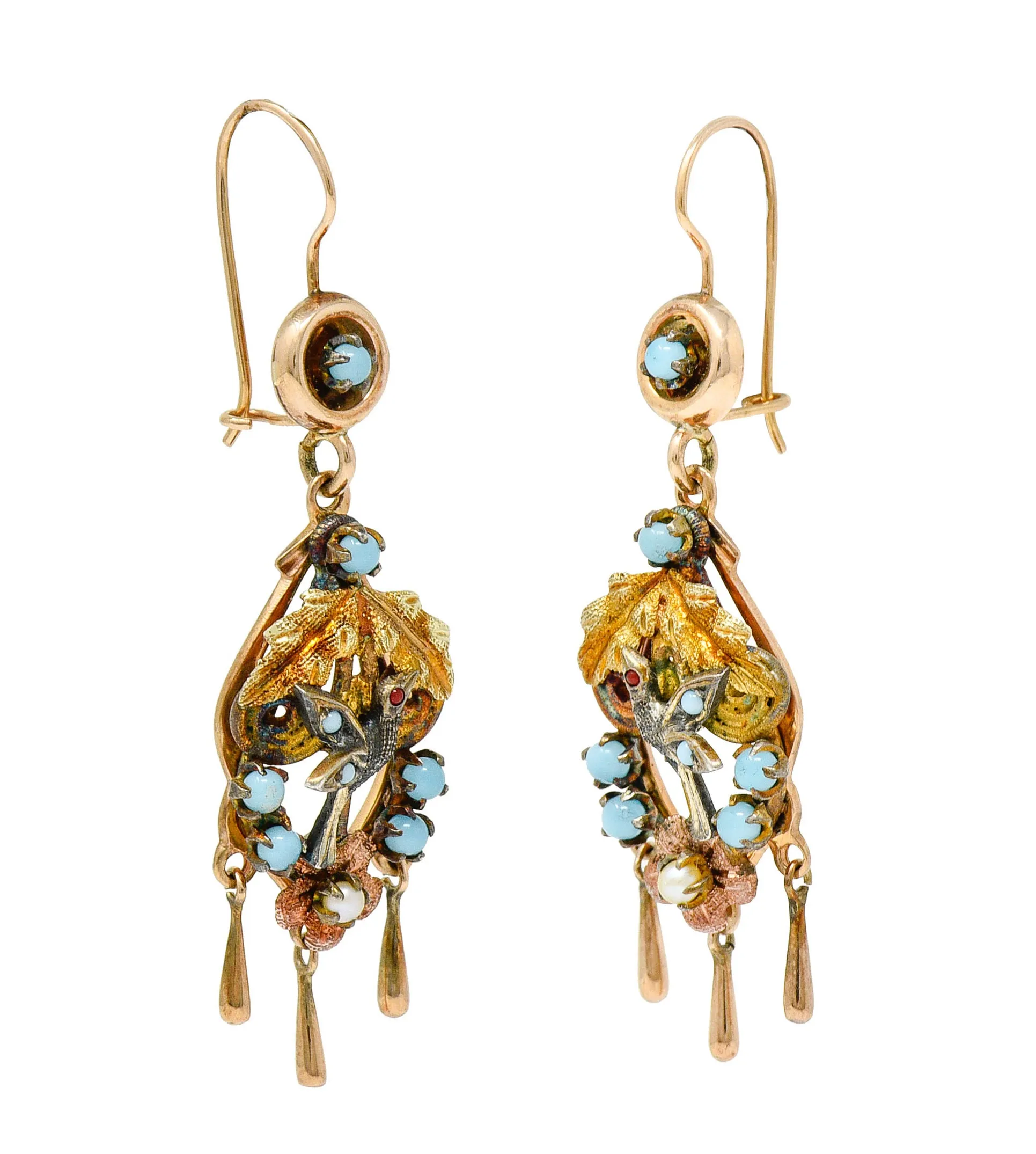 Victorian Pearl Glass Cabochon 14 Karat Tri-Colored Gold Bird & Foliate Drop Earrings