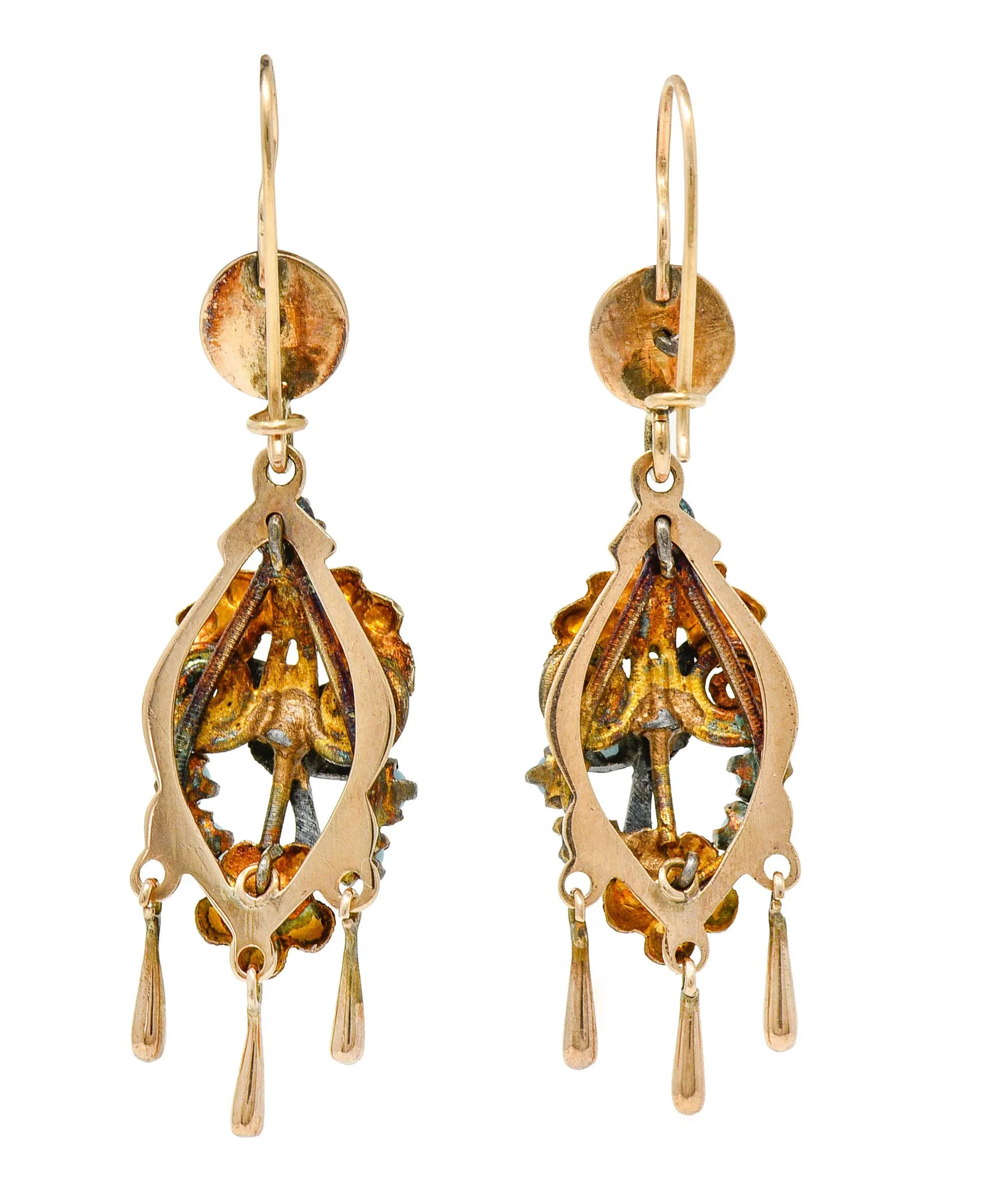 Victorian Pearl Glass Cabochon 14 Karat Tri-Colored Gold Bird & Foliate Drop Earrings