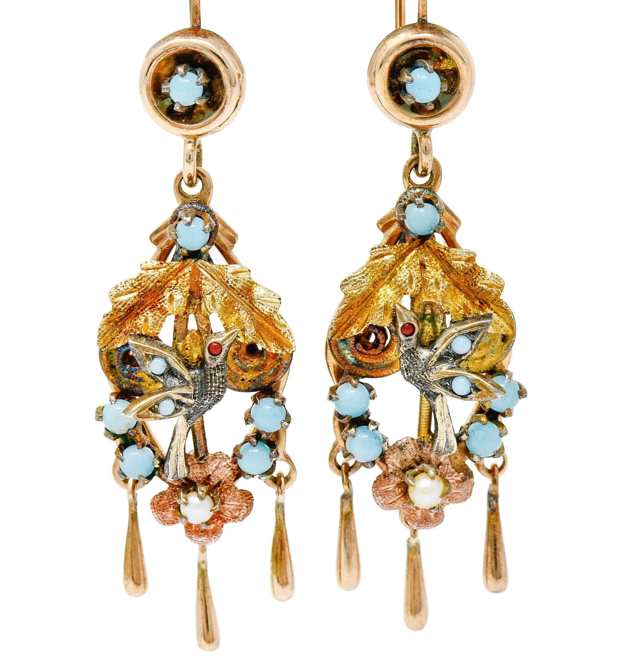 Victorian Pearl Glass Cabochon 14 Karat Tri-Colored Gold Bird & Foliate Drop Earrings