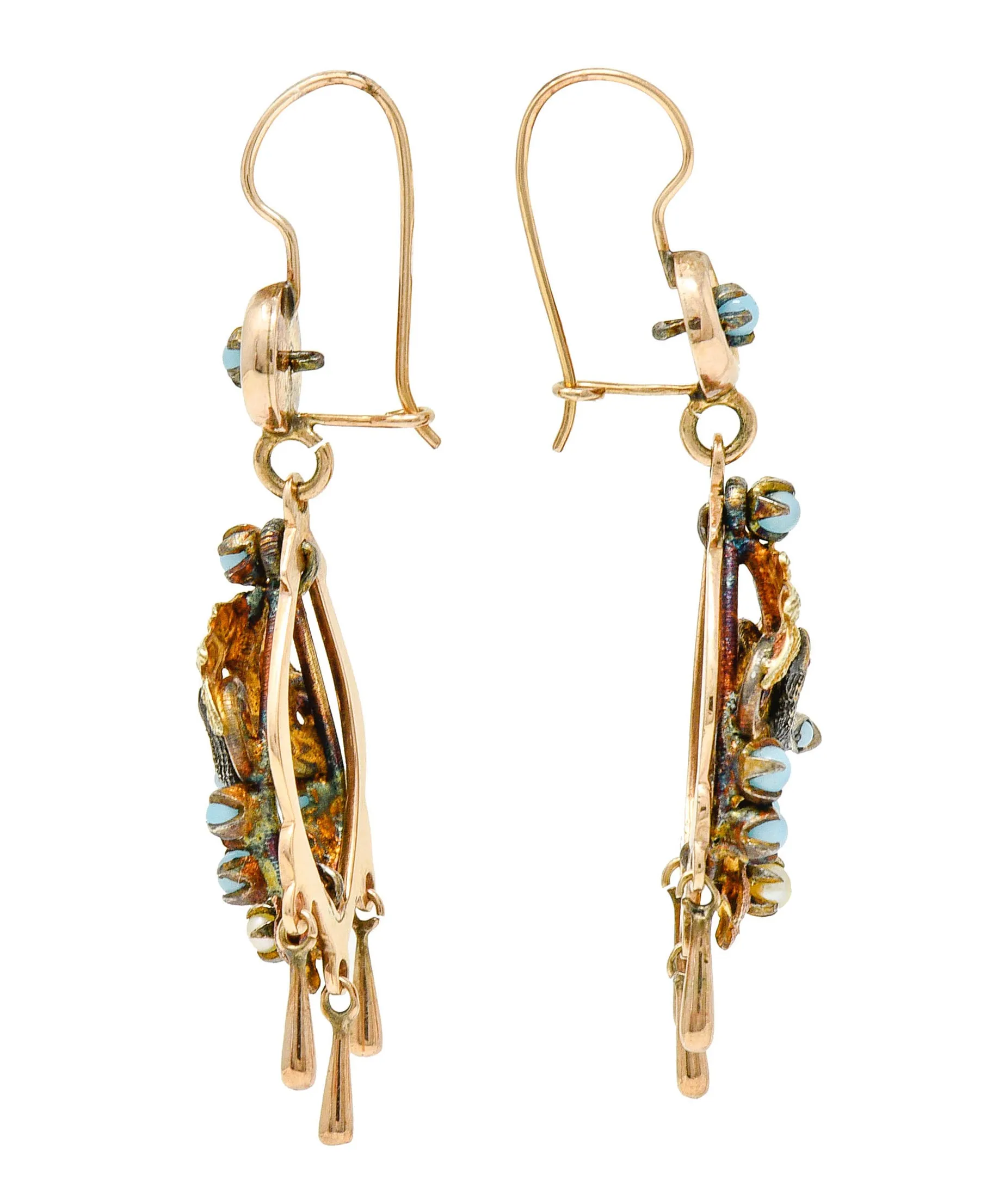 Victorian Pearl Glass Cabochon 14 Karat Tri-Colored Gold Bird & Foliate Drop Earrings