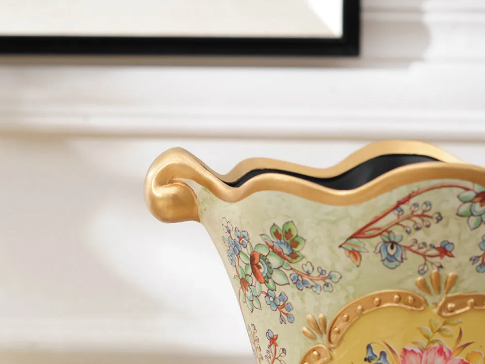 Vintage Collection - Gold Rimmed Ceramic Vase with Hand Painted Flowers