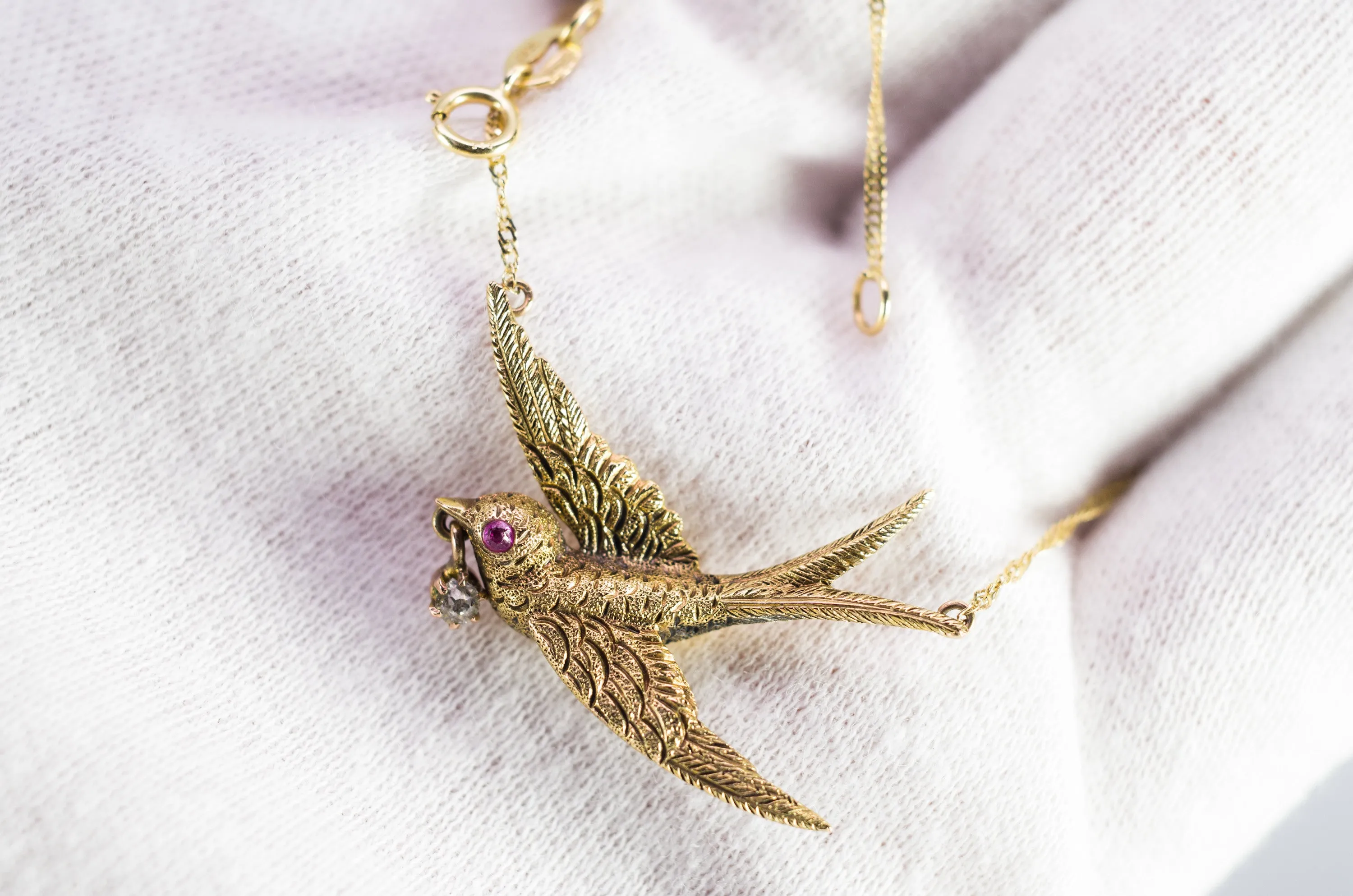 VINTAGE SWALLOW BIRD NECKLACE WITH DIAMOND AND RUBY ACCENTS
