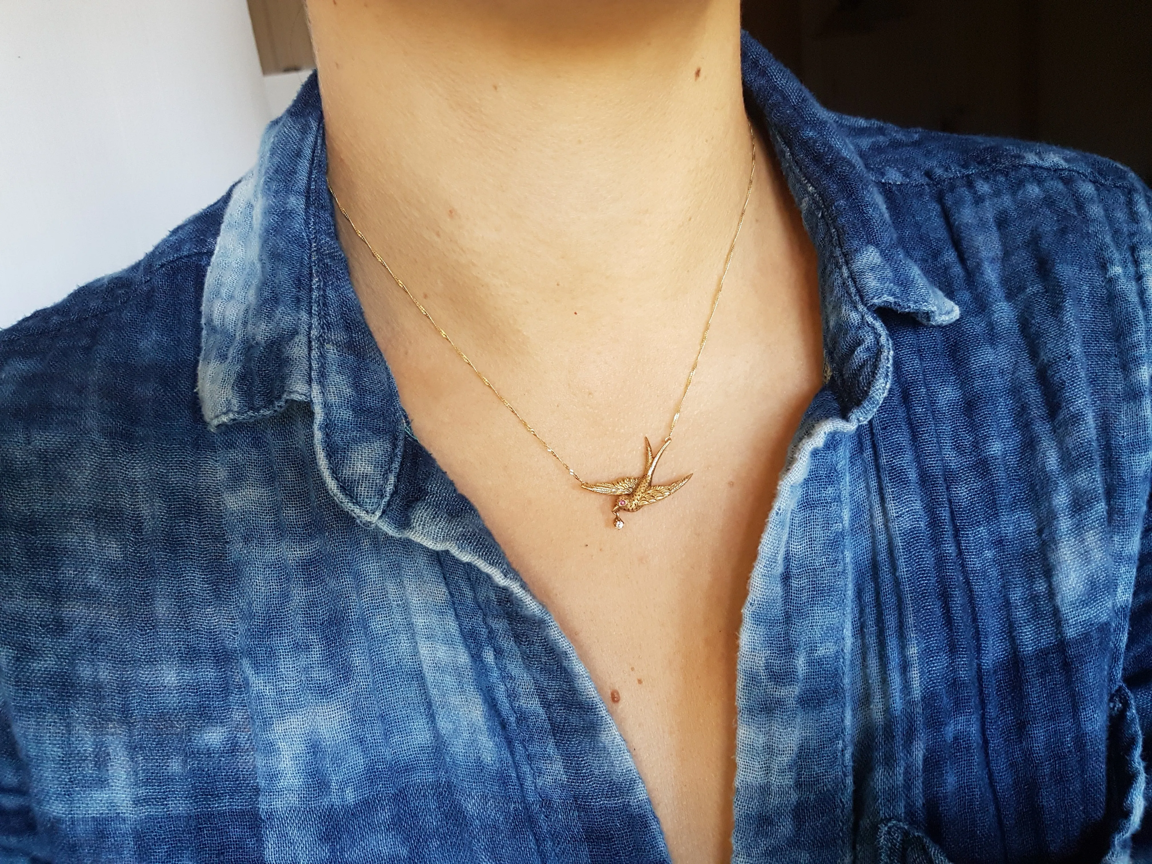 VINTAGE SWALLOW BIRD NECKLACE WITH DIAMOND AND RUBY ACCENTS