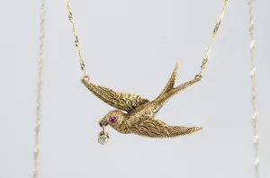 VINTAGE SWALLOW BIRD NECKLACE WITH DIAMOND AND RUBY ACCENTS