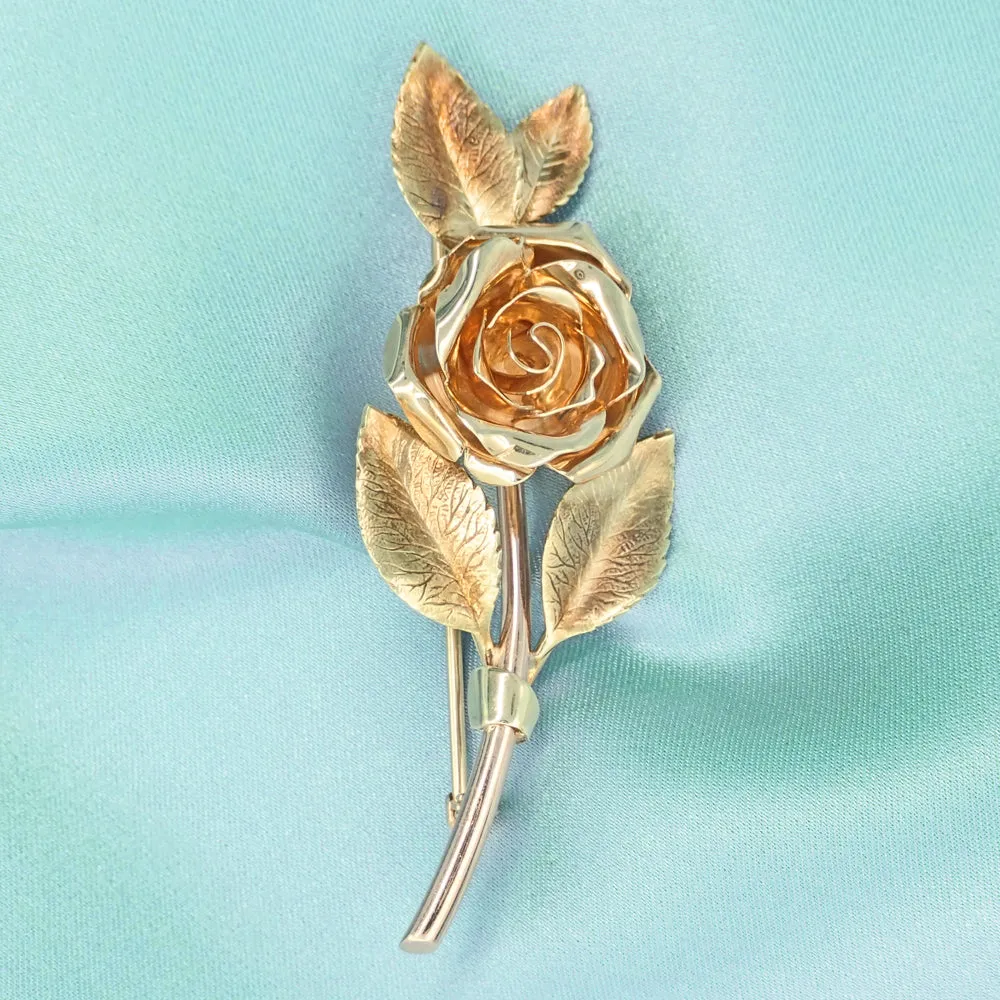 Vintage Tiffany Mid-Century Rose Pin Brooch in 14 Karat Yellow and Rose Gold