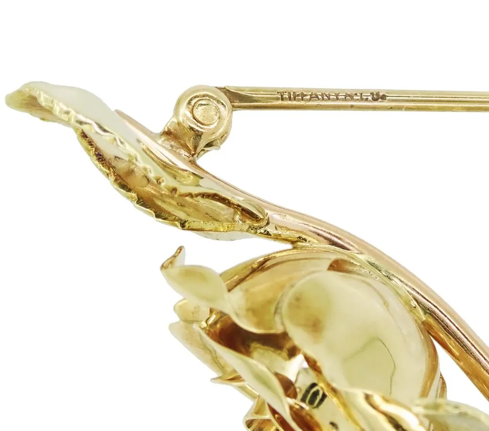 Vintage Tiffany Mid-Century Rose Pin Brooch in 14 Karat Yellow and Rose Gold