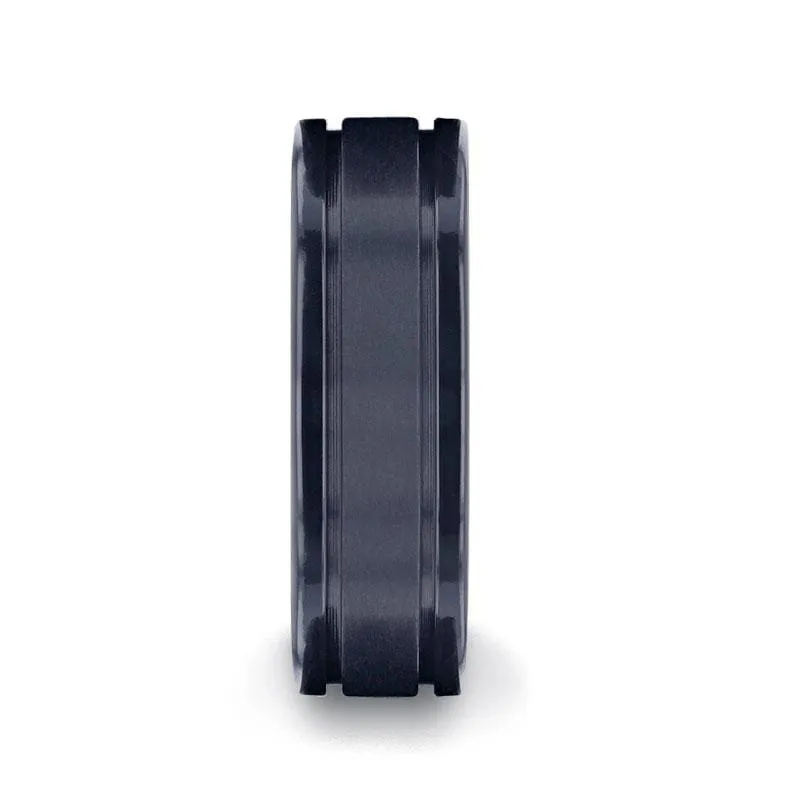 VULCAN Black Titanium Men's Wedding Band Polished Dual Offset Grooves 8mm