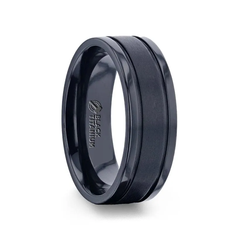 VULCAN Black Titanium Men's Wedding Band Polished Dual Offset Grooves 8mm