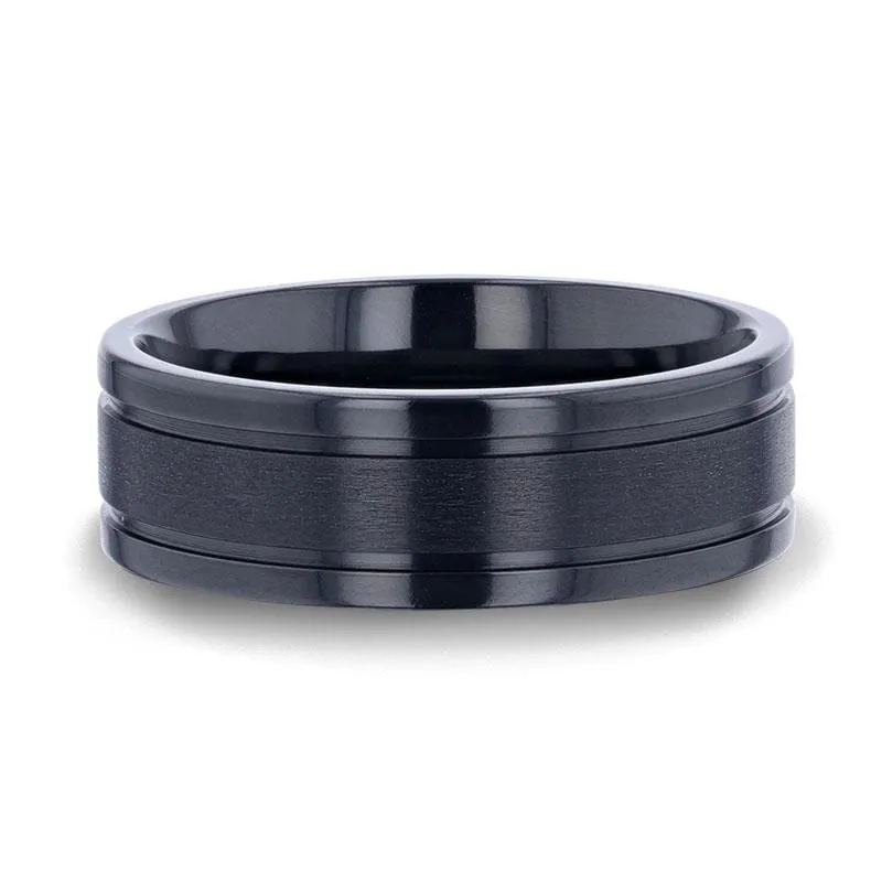 VULCAN Black Titanium Men's Wedding Band Polished Dual Offset Grooves 8mm