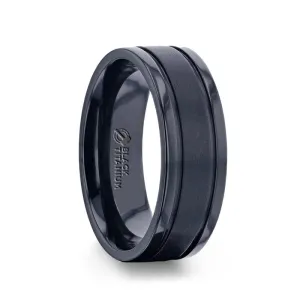VULCAN Black Titanium Men's Wedding Band Polished Dual Offset Grooves 8mm