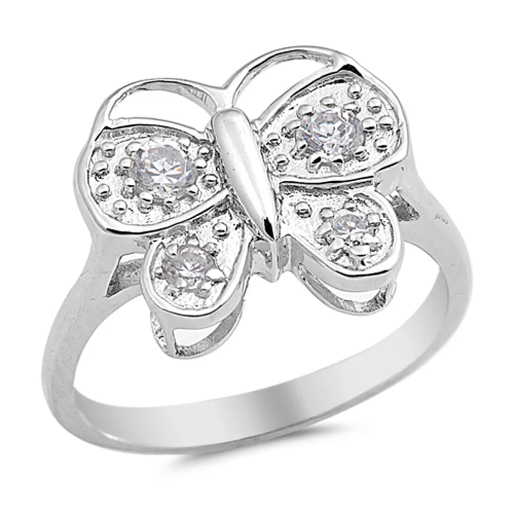 White CZ Beautiful Butterfly Cute Animal Ring Sterling Silver Band Sizes 5-9