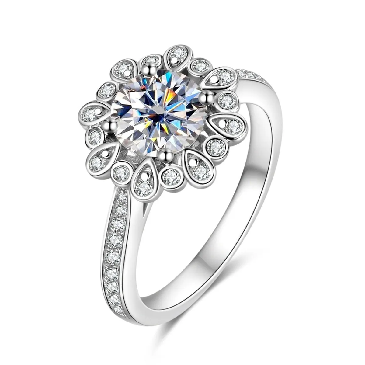 White Gold Sunflower 1.2ct Diamond Halo Engagement Ring