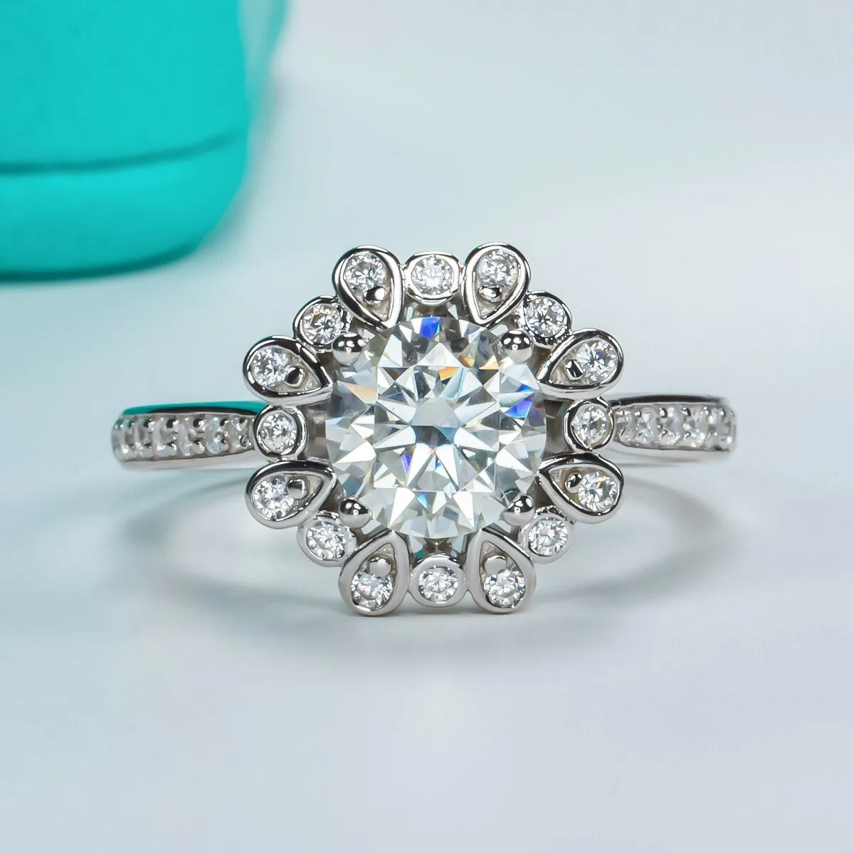 White Gold Sunflower 1.2ct Diamond Halo Engagement Ring