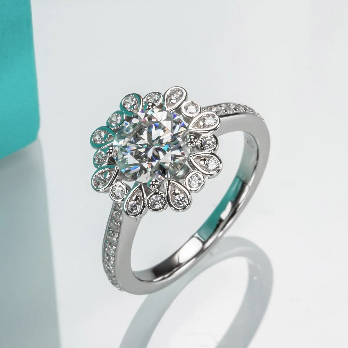 White Gold Sunflower 1.2ct Diamond Halo Engagement Ring
