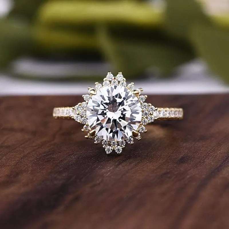 Yellow Gold Flower Halo Design Round Cut Wedding Set