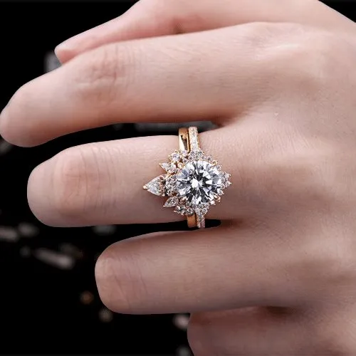 Yellow Gold Flower Halo Design Round Cut Wedding Set