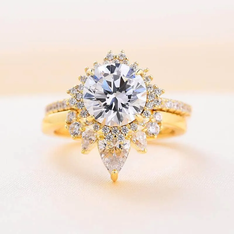 Yellow Gold Flower Halo Design Round Cut Wedding Set