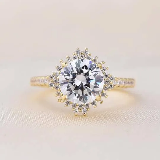 Yellow Gold Flower Halo Design Round Cut Wedding Set